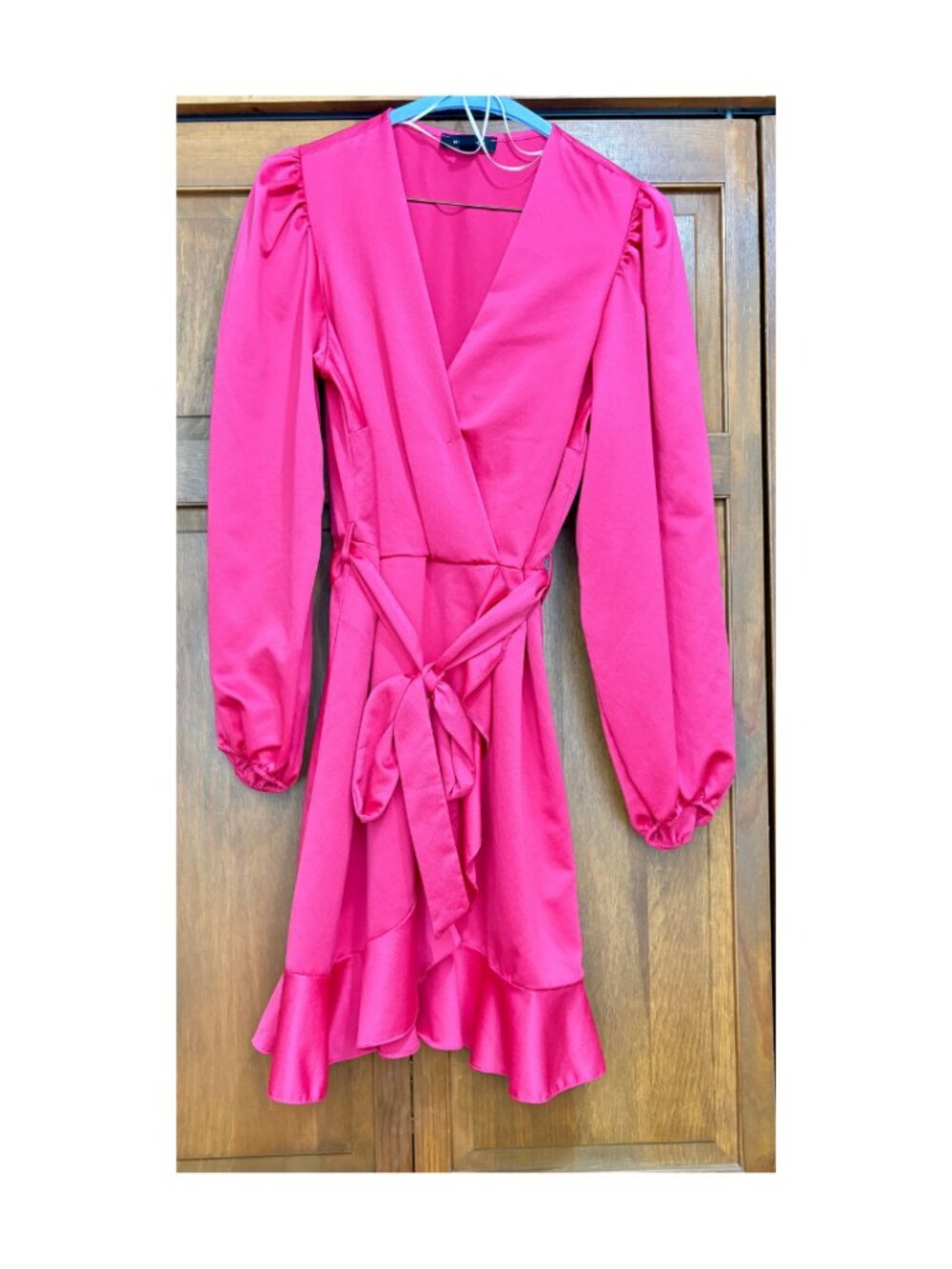New Look Satin Wrap Dress Hot Pink Ruffle Hem Long Sleeve Size 6
